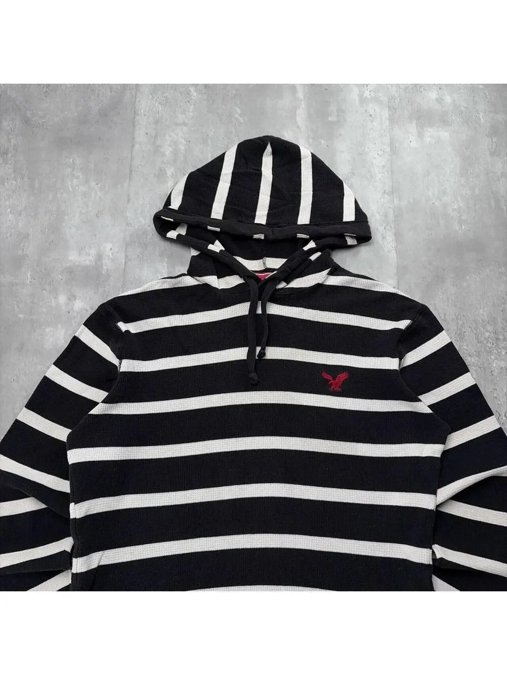 Y2K American Eagle Grunge Striped Distressed Thermal Hoodie
